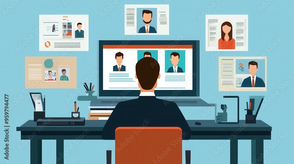 Man searching for work online, minimalist vector illustration in light blue Man searching for work online, minimalist vector illustration in light blue