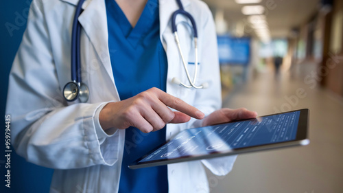 Doctor using a digital tablet to access medical records in a hospital corridor, emphasizing technology in healthcare.