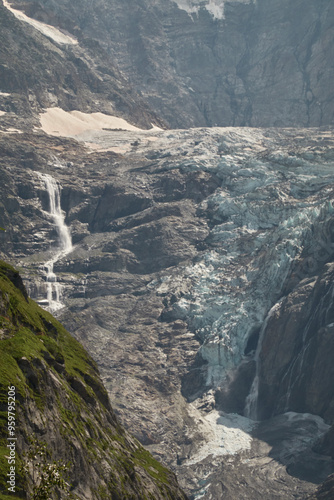 Hiking to the Gletscherschlucht glacier in Grindelwald, with imposing canyons, waterfalls and panoramic views of the valley. Swiss Alps