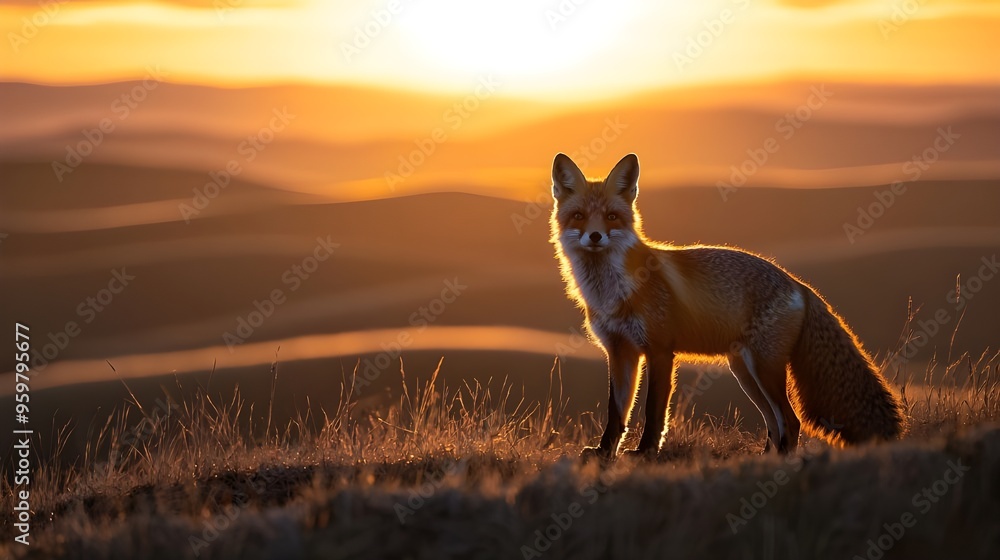 A captivating shot of a red fox standing atop a hill with the sun setting behind rolling hills, creating a dramatic backdrop of shadows and light. A captivating shot of a red fox standing atop a hill with the sun setting behind rolling hills, creating a dramatic backdrop of shadows and light.