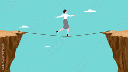 Businesswoman crosses gap between cliffs using rope, business obstacles or challenge, motivation or effort to reach success, women's struggle for gender equality on work place