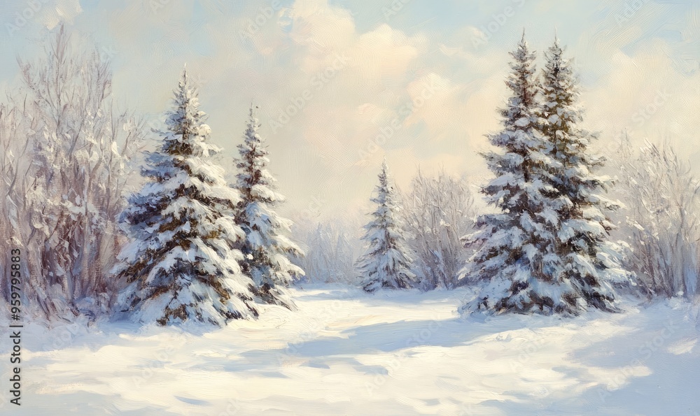 Oil painting depicting a winter scene featuring snow covered fir trees in the foreground and a serene landscape blanketed in snow Oil painting depicting a winter scene featuring snow covered fir trees in the foreground and a serene landscape blanketed in snow