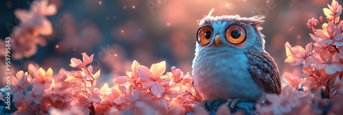 Adorable gray and white owl with big eyes among pink flowers in a soft glow, creating a dreamy and enchanting ambiance photo