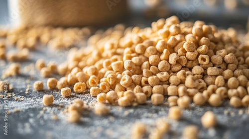 Piles of pale whole grain puffed cereal snacks for children