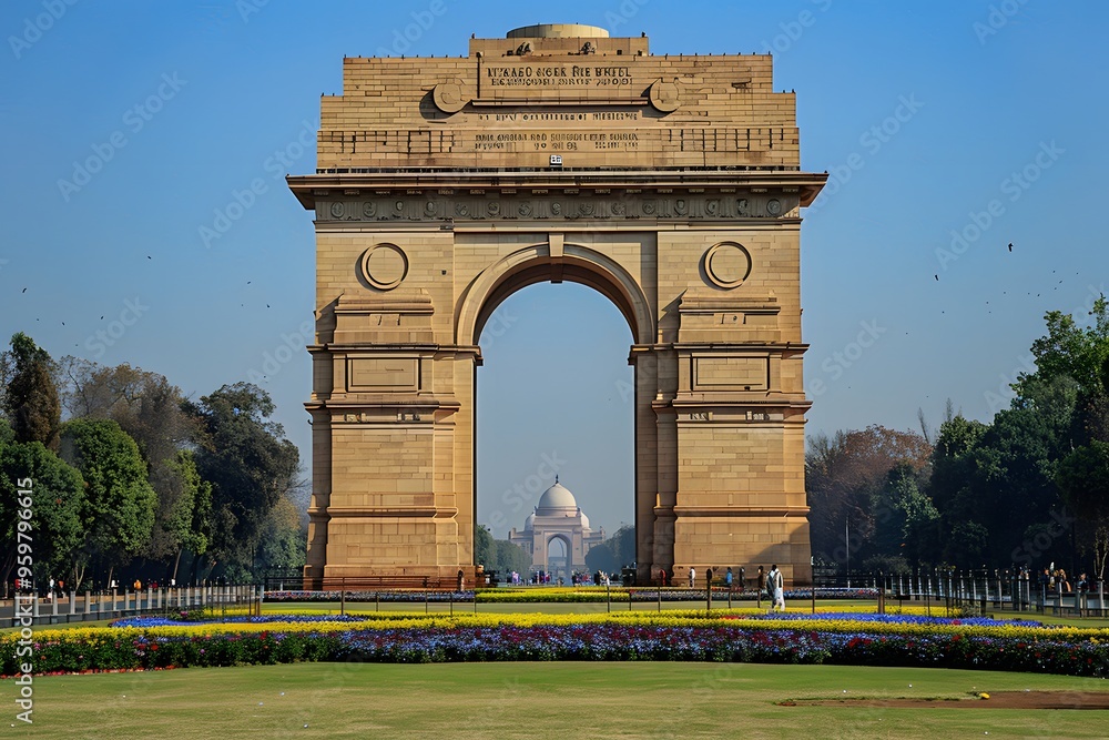 Iconic View of India Gate Framed by Lush Gardens and the Taj Mahal in the Distance Iconic View of India Gate Framed by Lush Gardens and the Taj Mahal in the Distance