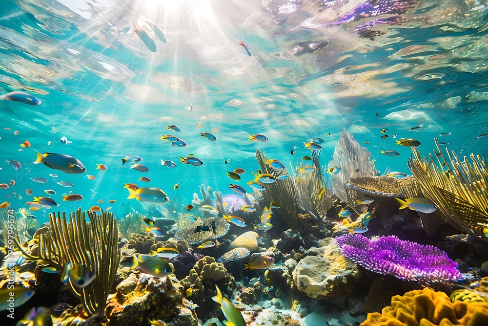 Sunlight Dappled Coral Reef: A vibrant underwater scene with an ...