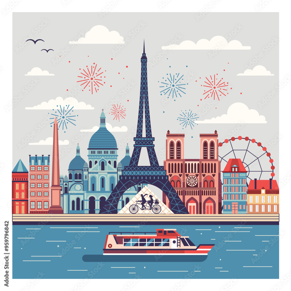 Paris Travel Scene with River Cruise Tourist Boat