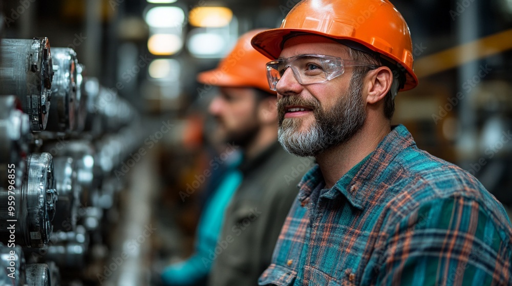 The Veteran Engineer: A seasoned engineer with a salt-and-pepper beard and safety glasses, surveys the industrial landscape with a confident gaze. His orange hard hat and plaid shirt reflect a life of The Veteran Engineer: A seasoned engineer with a salt-and-pepper beard and safety glasses, surveys the industrial landscape with a confident gaze. His orange hard hat and plaid shirt reflect a life of