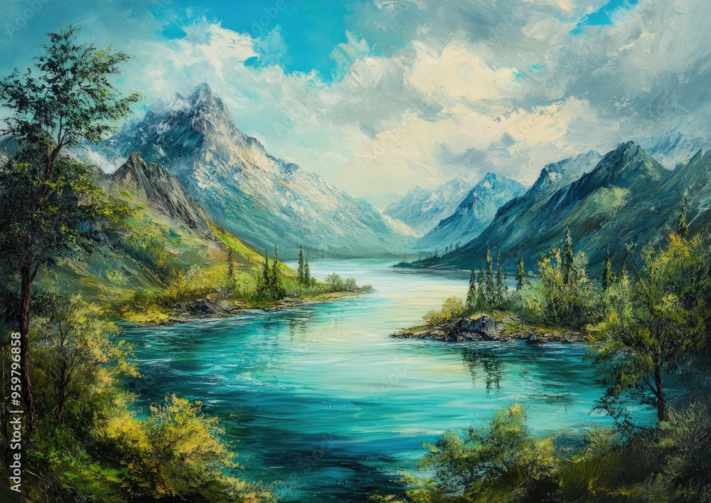 Oil painting depicting a vibrant river amidst a serene natural landscape showcasing the beauty of water and surrounding scenery Oil painting depicting a vibrant river amidst a serene natural landscape showcasing the beauty of water and surrounding scenery