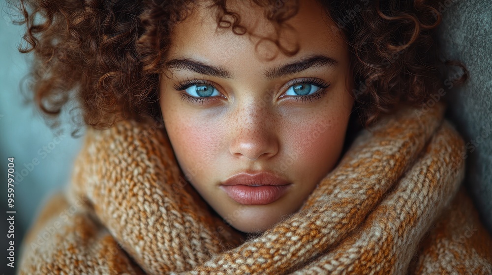 Close-Up Portrait of Tired Young Woman with Curly Hair Wrapped in Blanket, Sitting on Sofa at Home with Sad Expression, Feeling Cold and Unwell on a Sick Day Off After Long Day of Work or School
Close-Up Portrait of Tired Young Woman with Curly Hair Wrapped in Blanket, Sitting on Sofa at Home with Sad Expression, Feeling Cold and Unwell on a Sick Day Off After Long Day of Work or School