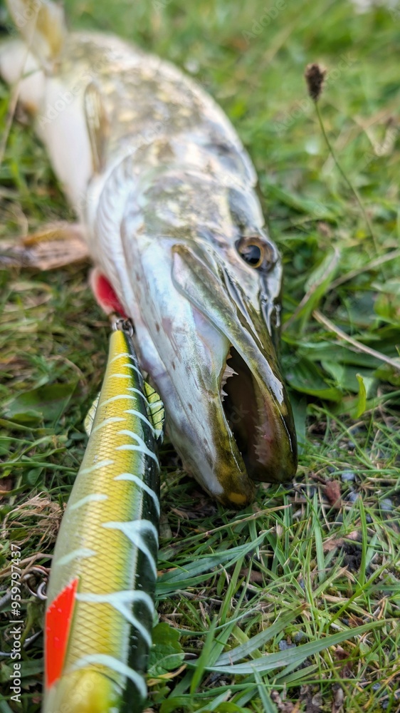 Fish pike caught on lure and fishing rod in Corrib river at Galway, Ireland, fishing, angling, spinning, sport, catch and release, animals and wildlife