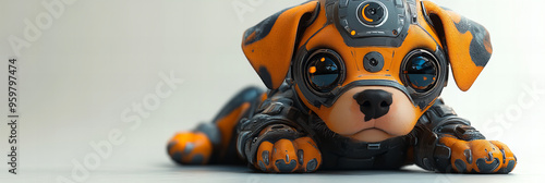 A robotic puppy with an orange and gray metallic body, futuristic style, sleek colors, minimalist background, innovative and curious mood