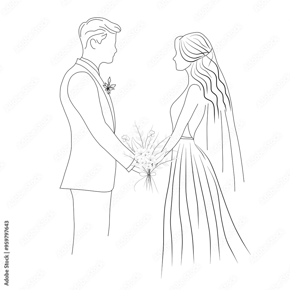 A minimalist line art illustration depicting a wedding couple holding hands, symbolizing love and commitment. Perfect for wedding invitations, greeting cards, wall art, and modern decor A minimalist line art illustration depicting a wedding couple holding hands, symbolizing love and commitment. Perfect for wedding invitations, greeting cards, wall art, and modern decor