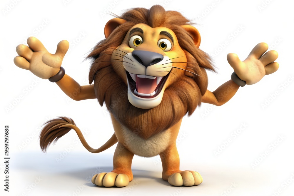 Obraz premium A colorful lion with oversized eyes, a round belly, and clenched fists, standing upright with an goofy, toothy