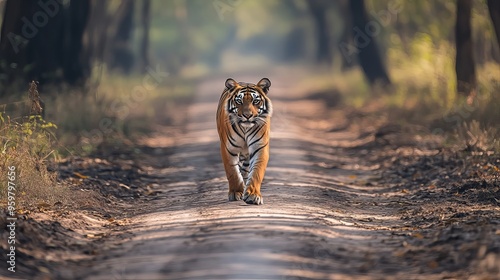 A wild female Bengal tiger (Panthera tigris) crossing a forest track during a morning safari at Bandhavgarh National Park, Madhya Pradesh, India