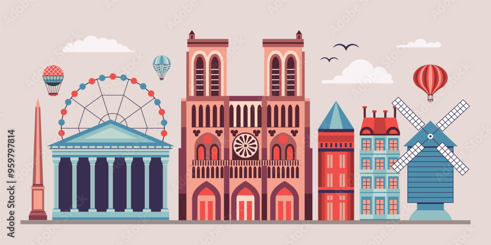 Travel Paris Scene with Popular Landmarks