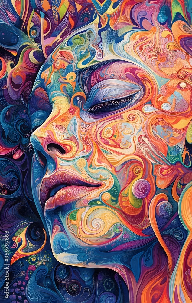 45. **Psychedelic face art featuring a human face surrounded by swirling, vibrant patterns and color gradients** 45. **Psychedelic face art featuring a human face surrounded by swirling, vibrant patterns and color gradients**