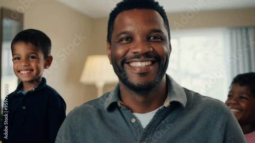 Wallpaper Mural A static video of a playful 45-year-old Black male father looking at the camera while shooting, standing on the living room background, playing a board game with his family. Torontodigital.ca