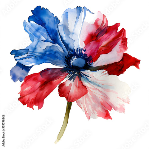 American flag inspired floral clip art element isolated on white background. Watercolor flower illustration in USA red blue white colors.
