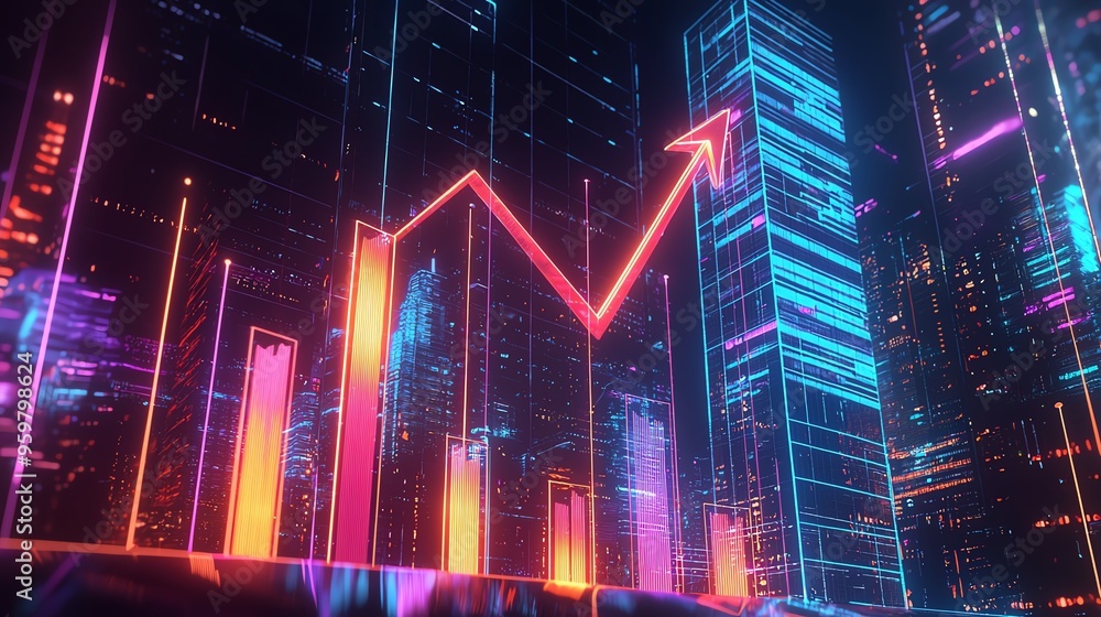 Futuristic digital city with glowing skyscrapers and a rising statistical graph, representing growth and progress in a high-tech environment. Futuristic digital city with glowing skyscrapers and a rising statistical graph, representing growth and progress in a high-tech environment.