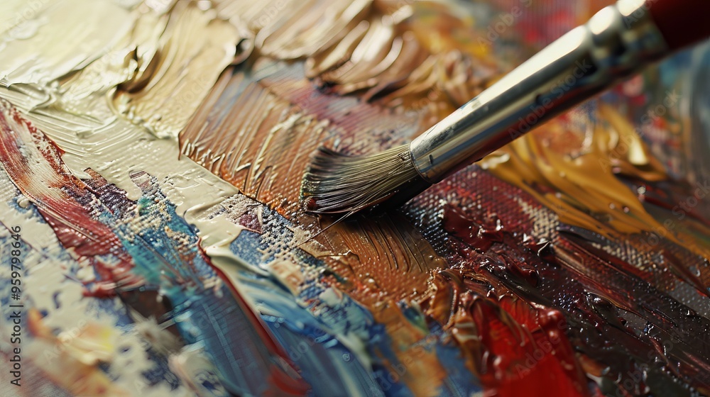 Fototapeta premium close-up of an artist's palette with a paintbrush, featuring a rich and textured oil painting background, symbolizing the artistry and creative process behind each stroke in soft lighting