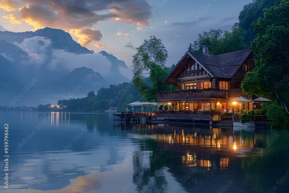 Naklejka premium Serene Lakeside Retreat at Dusk with Mountain Backdrop