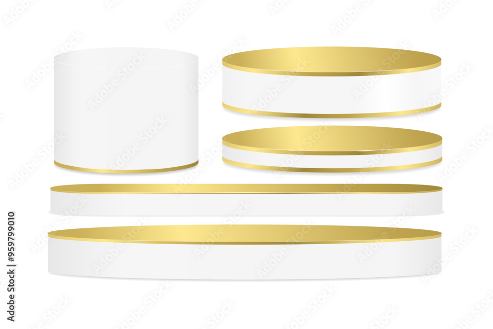 Set of 3D cylinder white and gold round podiums isolated on a white background. Two-layered platforms in white and gold for product display presentation. Vector Illustration. Set of 3D cylinder white and gold round podiums isolated on a white background. Two-layered platforms in white and gold for product display presentation. Vector Illustration.
