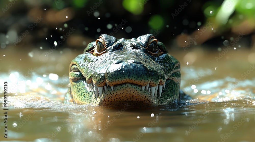 Fototapeta premium A crocodile emerging from the water, its powerful jaws visible, with a blurred pond and natural surroundings in the background