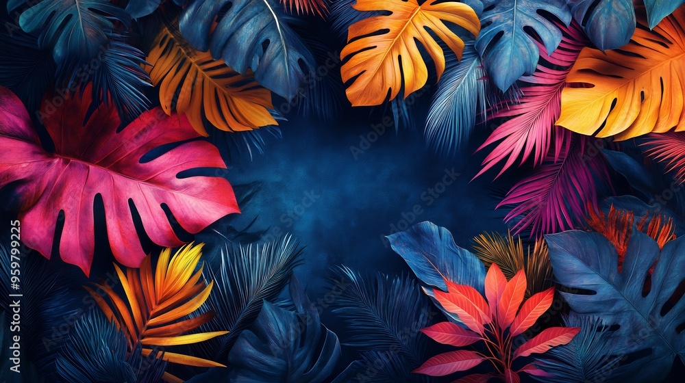 Abstract jungle scene overlapping leaves and tropical colors Abstract jungle scene overlapping leaves and tropical colors