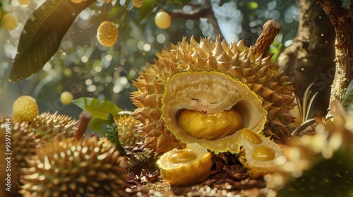 cute baby nestled inside a large yellow durian fruit, surrounded by other durians in an orchard, with sunlight shining through the leaves, creating a surrealistic and highly detailed photo