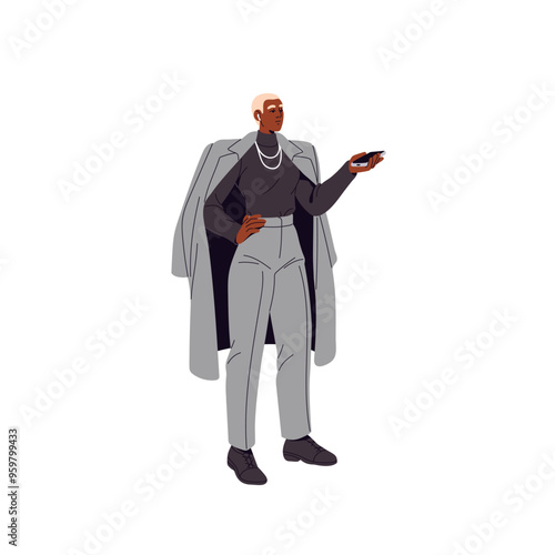 Stylish businesswoman in fashion raincoat communicates by smartphone. Business woman with short hair holds phone. Busy girl standing with telephone in hand. Flat isolated vector illustration on white