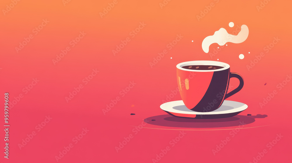 Obraz premium A vibrant illustration of steaming cup of coffee on saucer, set against warm gradient background. intense brew visuals evoke sense of comfort and warmth.