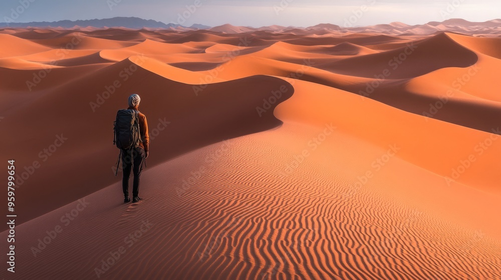 Fototapeta premium A lone hiker in a vast desert landscape..