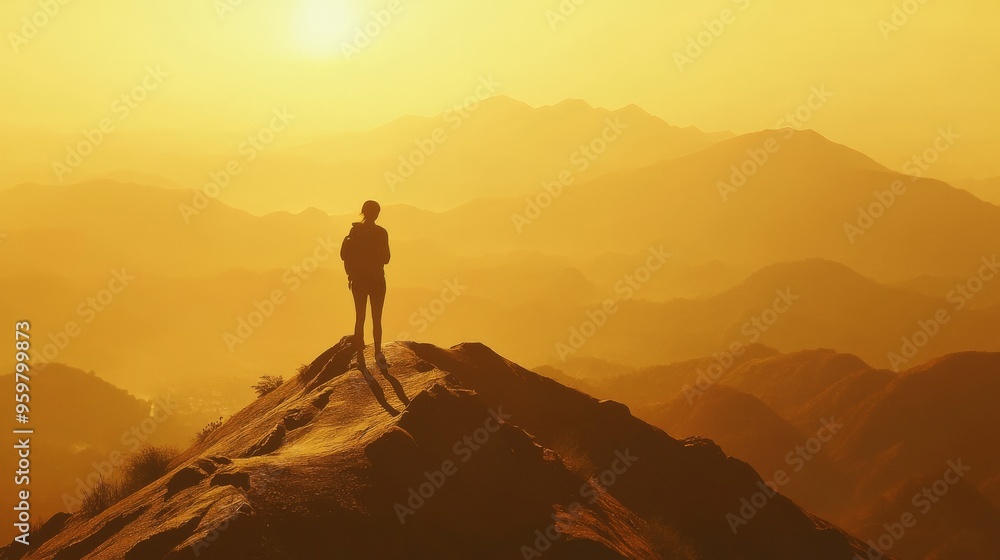 Silhouette of a Hiker on a Mountaintop at Sunrise. Silhouette of a Hiker on a Mountaintop at Sunrise.