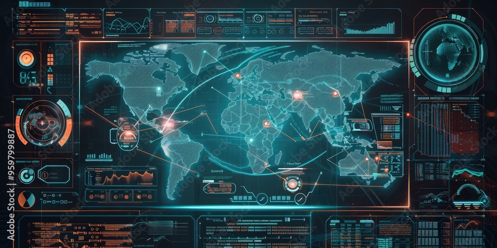 A futuristic interface showing real-time AI analysis of global cybersecurity threats, with world maps, threat indicators, and secure network connections. A futuristic interface showing real-time AI analysis of global cybersecurity threats, with world maps, threat indicators, and secure network connections.