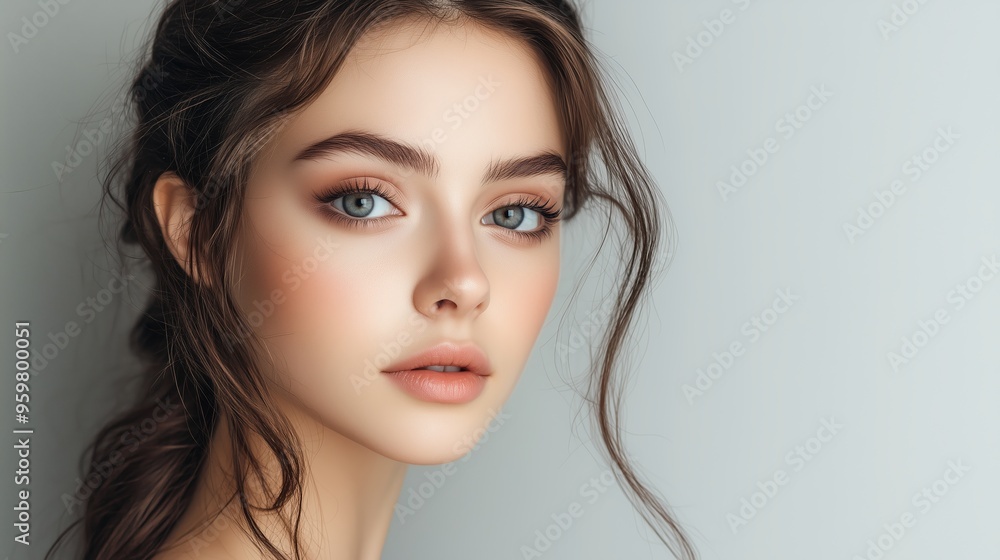 Young woman with striking blue eyes poses gracefully against a neutral background, showcasing natural beauty and minimalist styling Young woman with striking blue eyes poses gracefully against a neutral background, showcasing natural beauty and minimalist styling