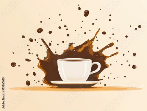 A dynamic coffee splash visualizes energy and vitality, featuring white cup on saucer amidst flying coffee droplets.