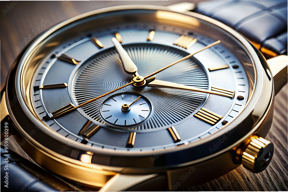 A gold and silver watch with a blue face and roman numerals. The watch is set to the time of 10:10 A gold and silver watch with a blue face and roman numerals. The watch is set to the time of 10:10