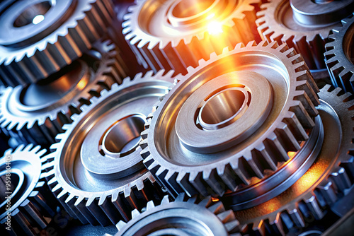 A close up of a bunch of gears with a bright light shining on them. The gears are all different sizes and shapes, but they all have a similar design. Concept of precision and complexity photo