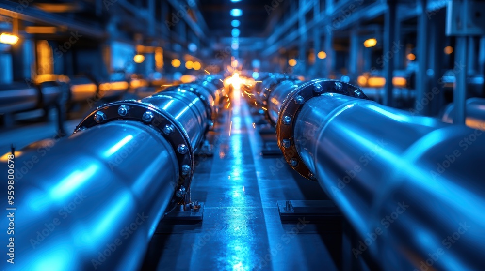 Fototapeta premium A dramatic view of large gas pipelines being welded by professionals, with intense sparks lighting up the industrial environment, showcasing the energy and focus of the workers