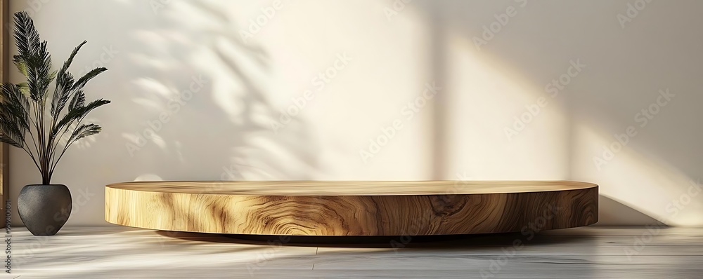 3D Illustration of Empty Round Wooden Podium on Wooden Floor with Sunlight and Plant Shadows 3D Illustration of Empty Round Wooden Podium on Wooden Floor with Sunlight and Plant Shadows