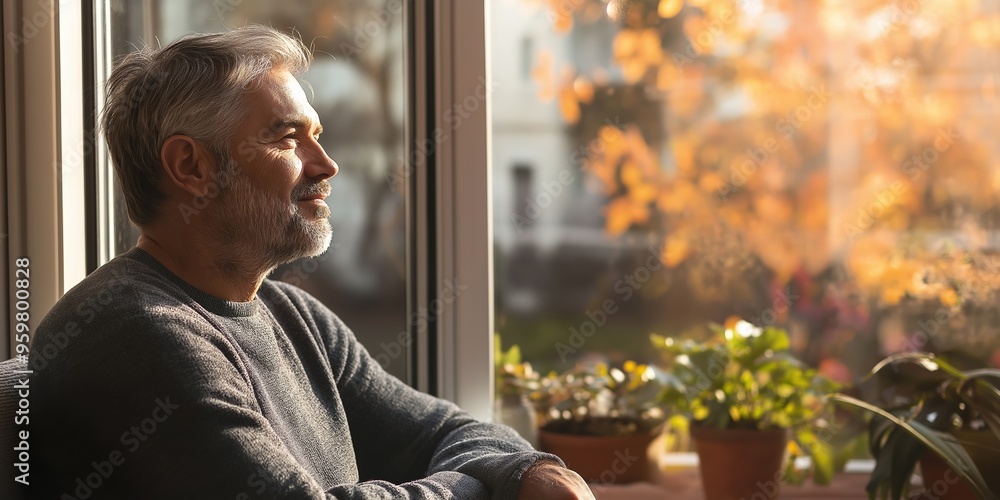 A man with a beard and gray hair is sitting in a chair by a window. He is looking out the window at the trees and plants outside A man with a beard and gray hair is sitting in a chair by a window. He is looking out the window at the trees and plants outside