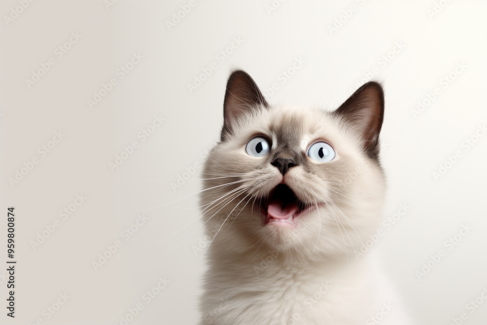 A surprised cat with bright eyes staring curiously at the camera against a neutral background A surprised cat with bright eyes staring curiously at the camera against a neutral background