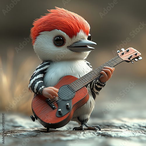 Playful Woodpecker With A Guitar in Nature Setting, Illustrating a Blend of Realism and Whimsy with Soft, Warm Colors