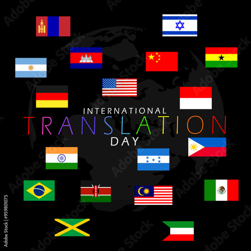 International Translation Day event banner. Colorful text with various country flags on black background to celebrate on September 30th