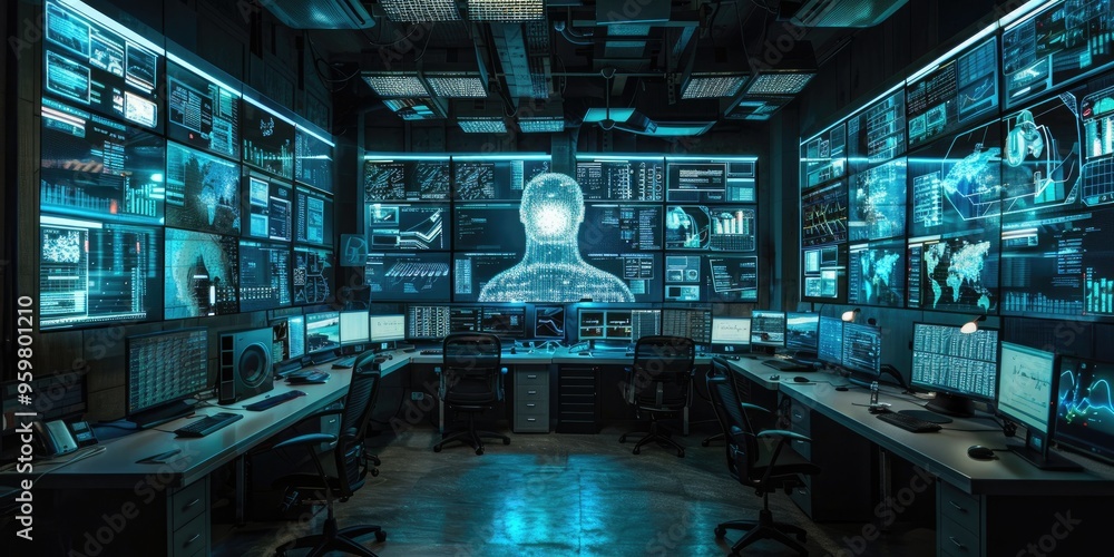 A High-Tech Control Room Filled with Screens Displaying AI-Driven Threat Analysis, with a Central AI Hologram Monitoring Cyber Activities. A High-Tech Control Room Filled with Screens Displaying AI-Driven Threat Analysis, with a Central AI Hologram Monitoring Cyber Activities.
