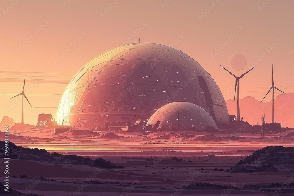 Futuristic City Under Domes with Wind Turbines Futuristic City Under Domes with Wind Turbines