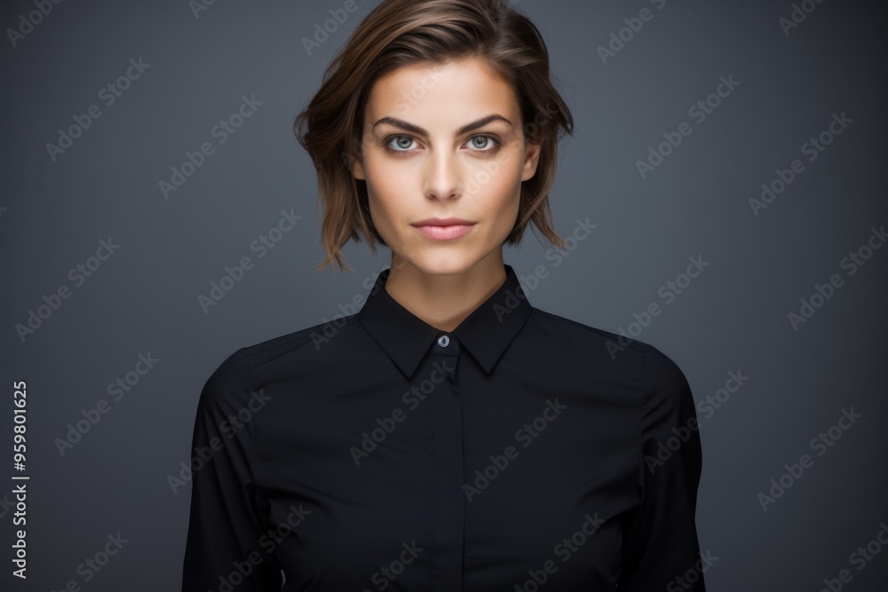 A woman in a black shirt is standing in front of a gray background A woman in a black shirt is standing in front of a gray background