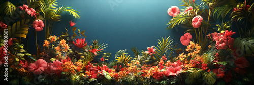 Lush Tropical Floral Arrangement in Various Hues against Dark Blue Background Creating Vibrant and Lively Jungle Setting
