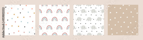 Bohemian Baby pattern. Set of Boho print for kids with stars, rainbow, hearts and elephant. Gender Neutral Nursery Cute Ornaments. Vector illustration in flat cartoon style.